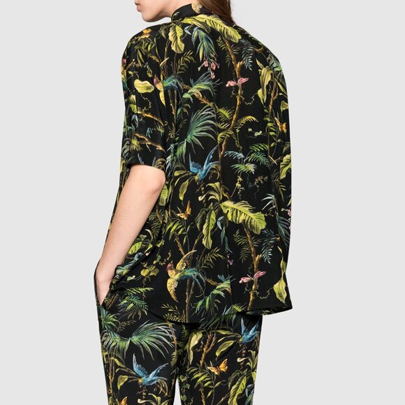 GUCCI SHIRT TROPICAL PRINT SILK CAPE TOP GROSGRAIN TIE BLOUSE sz IT 40 US 4 - Picture 2 of 12